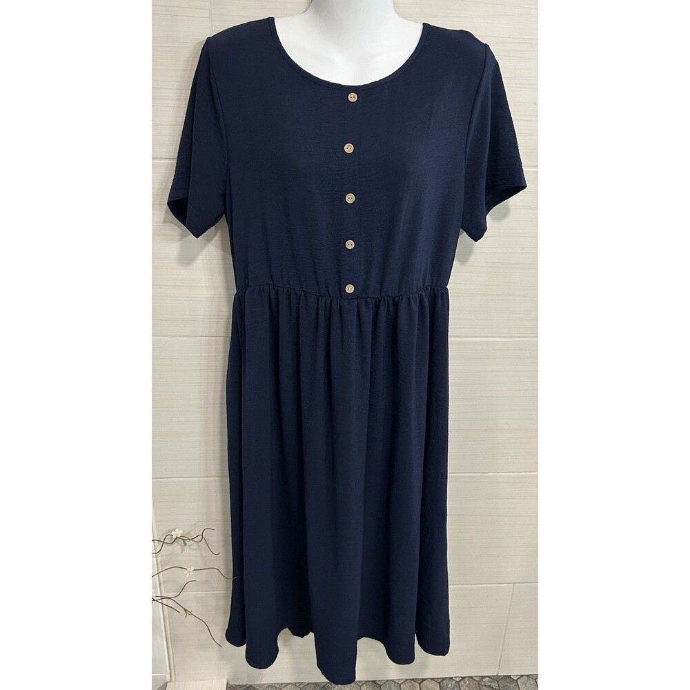 Traditional Navy Blue Natural Buttons Lightweight Midi Dress L, Modest Comfort